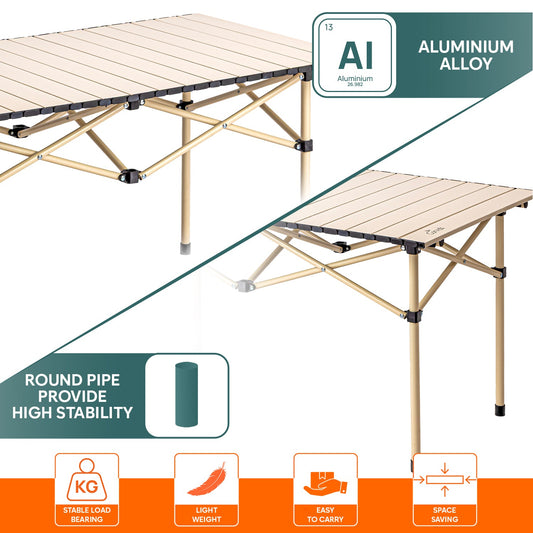 Multipurpose Folding Camping Table with Roll-up Tabletop | Compact & Portable | Best for Hiking, Picnic, Garden, BBQ & Outdoor Use (Khaki, Large)