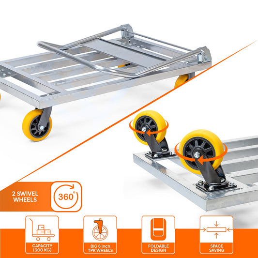 Foldable Platform Cart With Steel Body | 300Kg Load Capacity | 2-Year Warranty | Portable & Compact Industrial Trolly Cart with 360° Rotating Wheels for Home & Warehouse