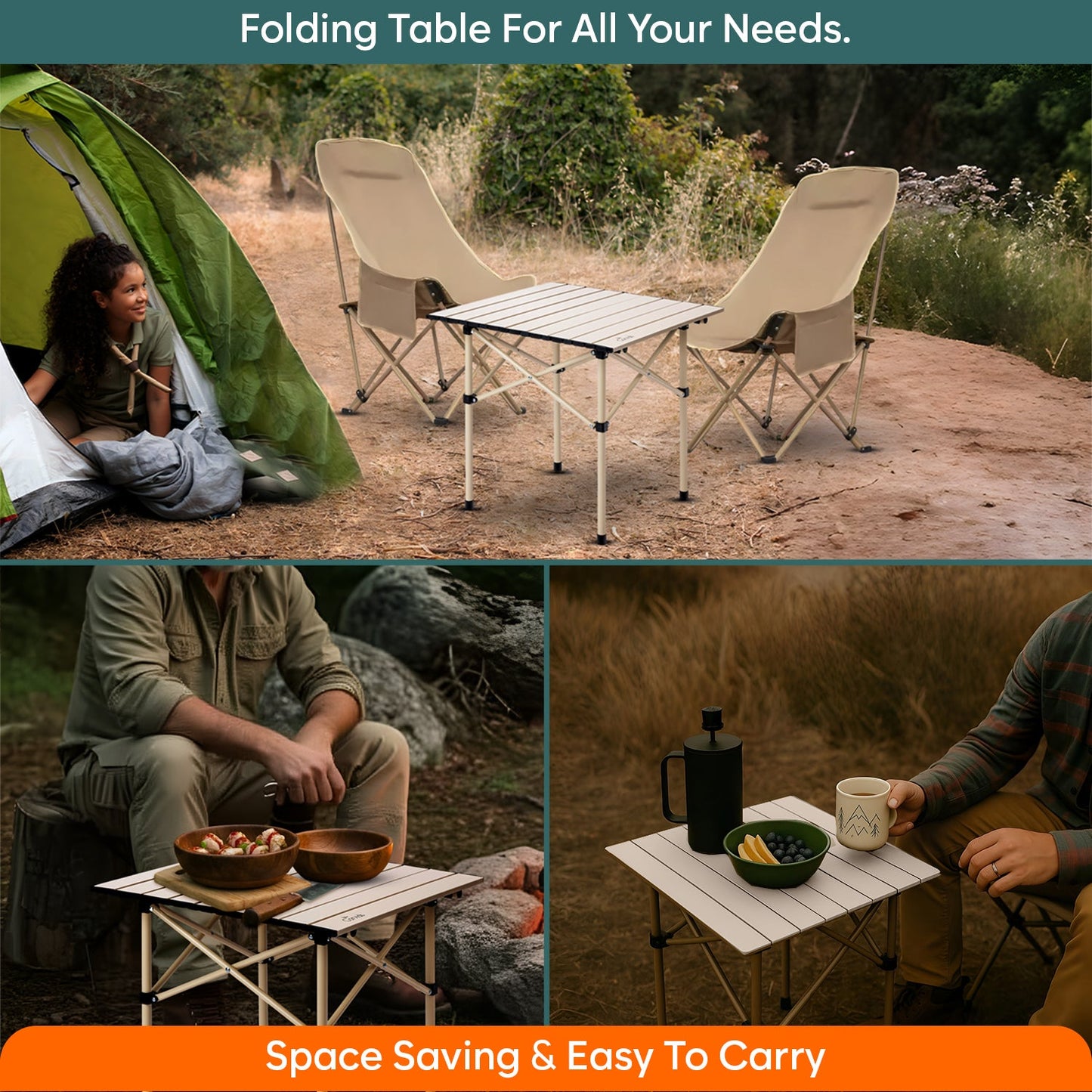 Multipurpose Folding Camping Table with Roll-up Tabletop | Compact & Portable | Best for Hiking, Picnic, Garden, BBQ & Outdoor Use (Khaki, Medium)