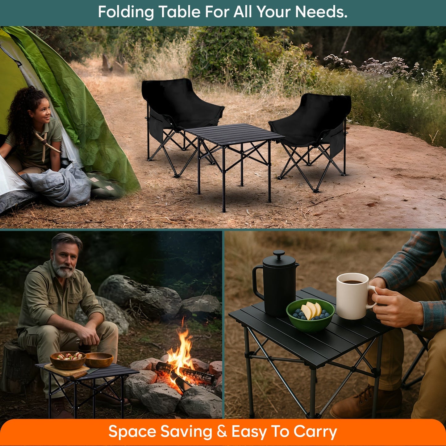 Multipurpose Folding Camping Table with Roll-up Tabletop | Compact & Portable | Best for Hiking, Picnic, Garden, BBQ & Outdoor Use (Black, Medium)