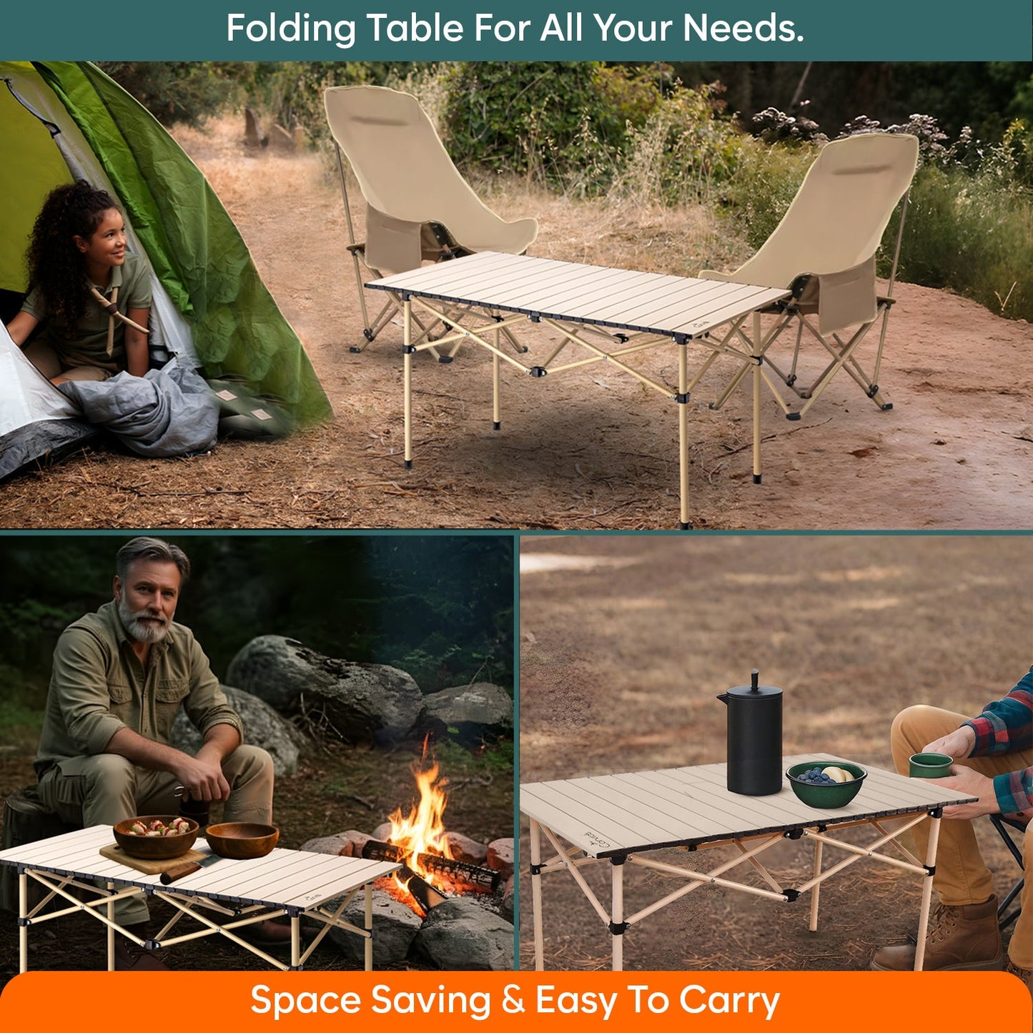 Multipurpose Folding Camping Table with Roll-up Tabletop | Compact & Portable | Best for Hiking, Picnic, Garden, BBQ & Outdoor Use (Khaki, Large)