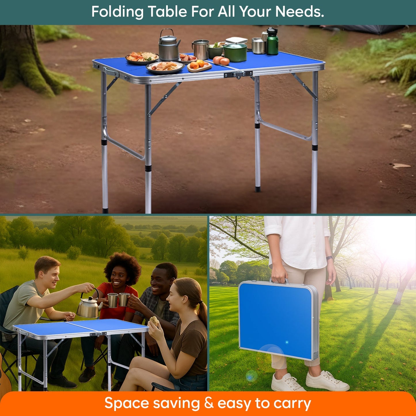 3 Feet Multipurpose Aluminium Folding Camping Table with Round Pipe Legs | Best for Balcony, Garden, Hiking, Picnic, Outdoor & Indoor Use (Blue)