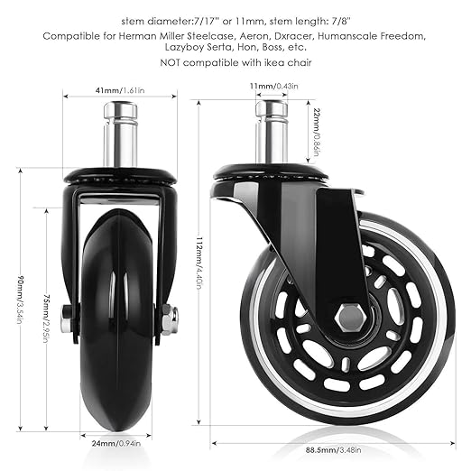 3-Inch PU Rubber Office Chair Wheels – Universal Fit, Set of 5