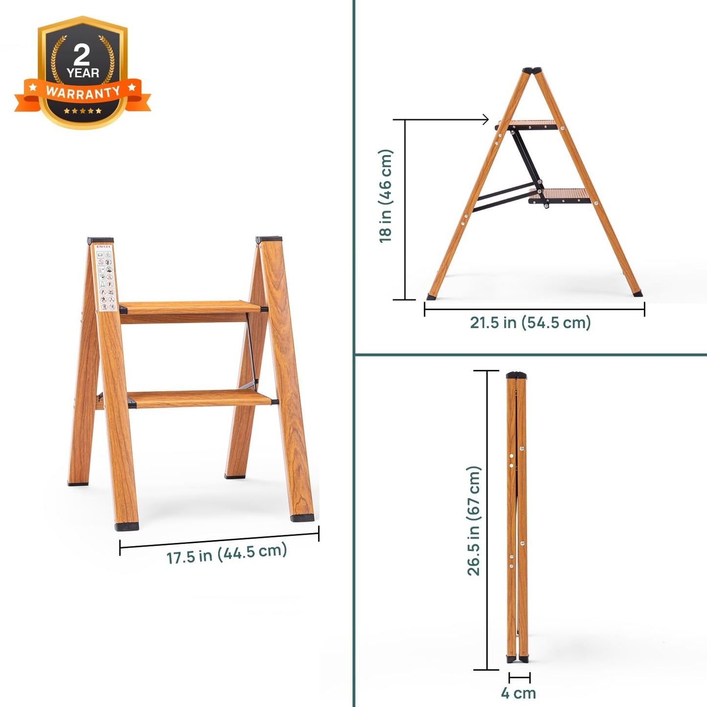 2-Steps Premium Folding Step Stool | 2-Year Warranty | Wide Anti-Slip Pedal, Portable Lightweight Aluminum Step Ladder for Home and Office Use (Teak)