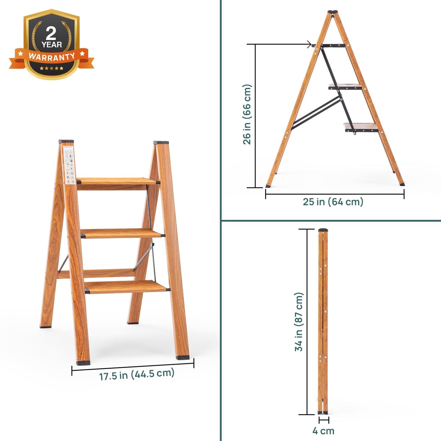 3-Steps Premium Folding Step Stool | 2-Year Warranty | Wide Anti-Slip Pedal, Portable Lightweight Aluminum Step Ladder for Home and Office Use (Teak)
