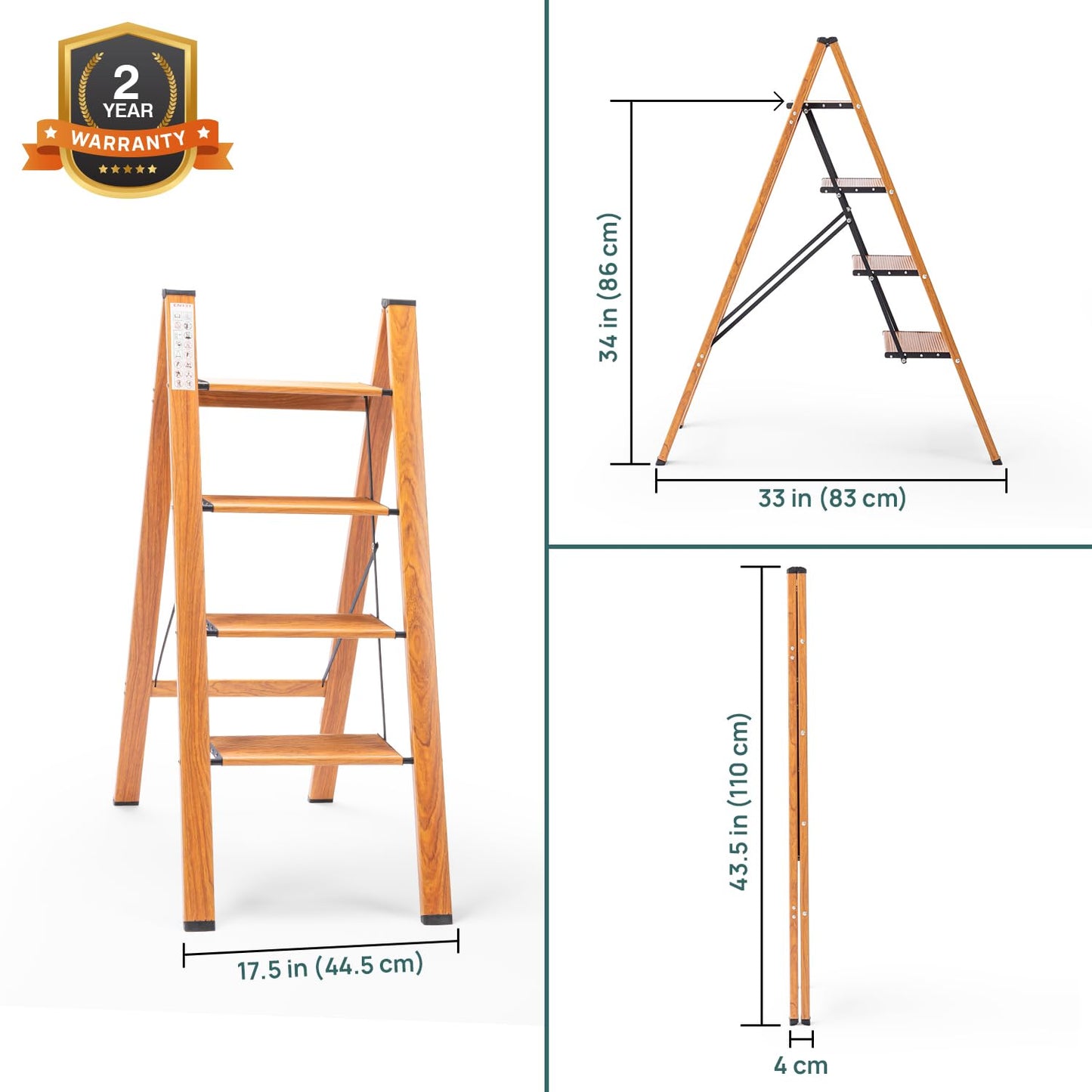 4-Steps Premium Folding Step Stool | 2-Year Warranty | Wide Anti-Slip Pedal, Portable Lightweight Aluminum Step Ladder for Home and Office Use (Teak)