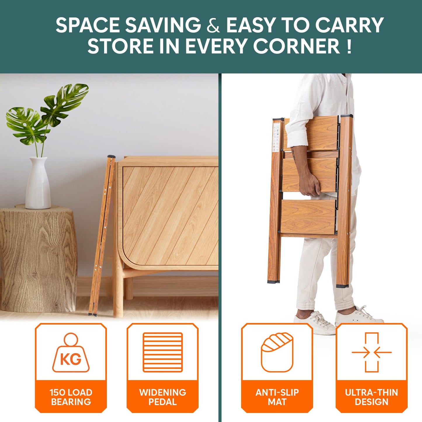 3-Steps Premium Folding Step Stool | 2-Year Warranty | Wide Anti-Slip Pedal, Portable Lightweight Aluminum Step Ladder for Home and Office Use (Teak)