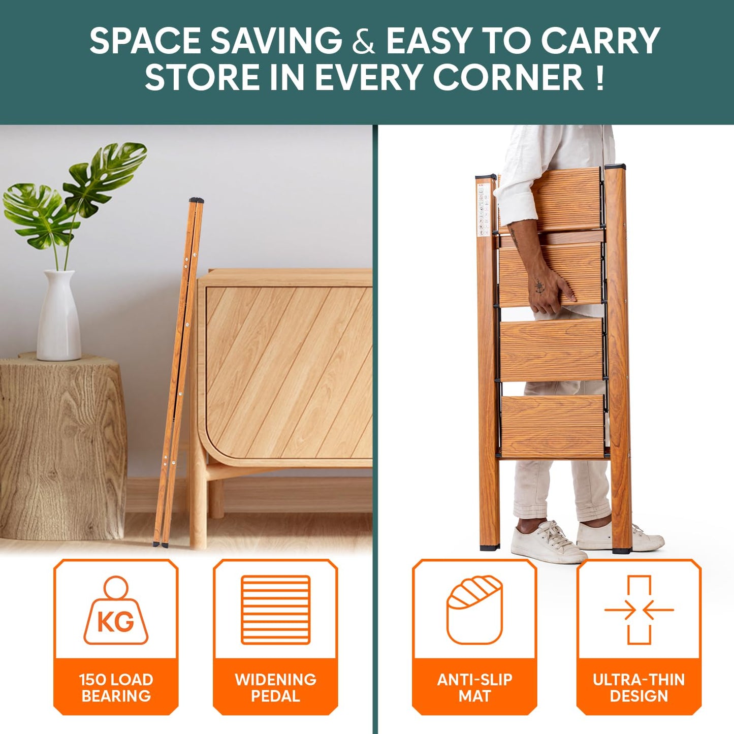 4-Steps Premium Folding Step Stool | 2-Year Warranty | Wide Anti-Slip Pedal, Portable Lightweight Aluminum Step Ladder for Home and Office Use (Teak)