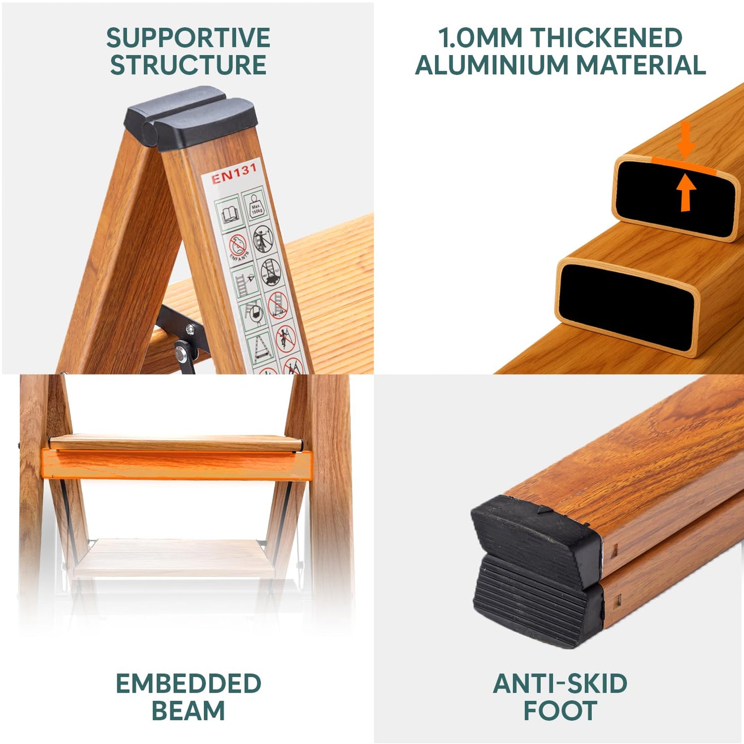 3-Steps Premium Folding Step Stool | 2-Year Warranty | Wide Anti-Slip Pedal, Portable Lightweight Aluminum Step Ladder for Home and Office Use (Teak)