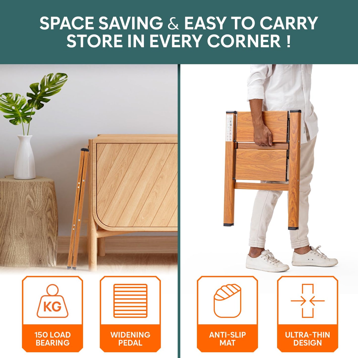 2-Steps Premium Folding Step Stool | 2-Year Warranty | Wide Anti-Slip Pedal, Portable Lightweight Aluminum Step Ladder for Home and Office Use (Teak)