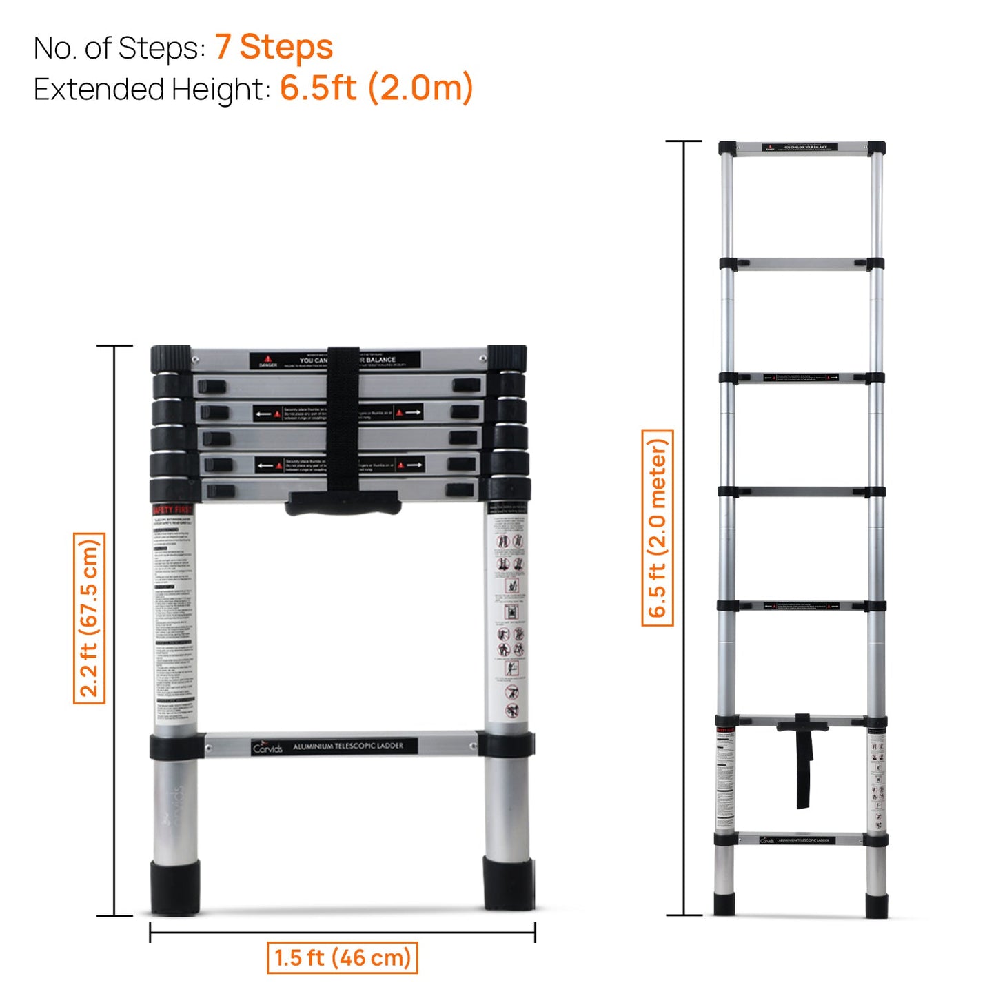 2.0m (6.5 feet) Portable & Compact Aluminium Telescopic Ladder