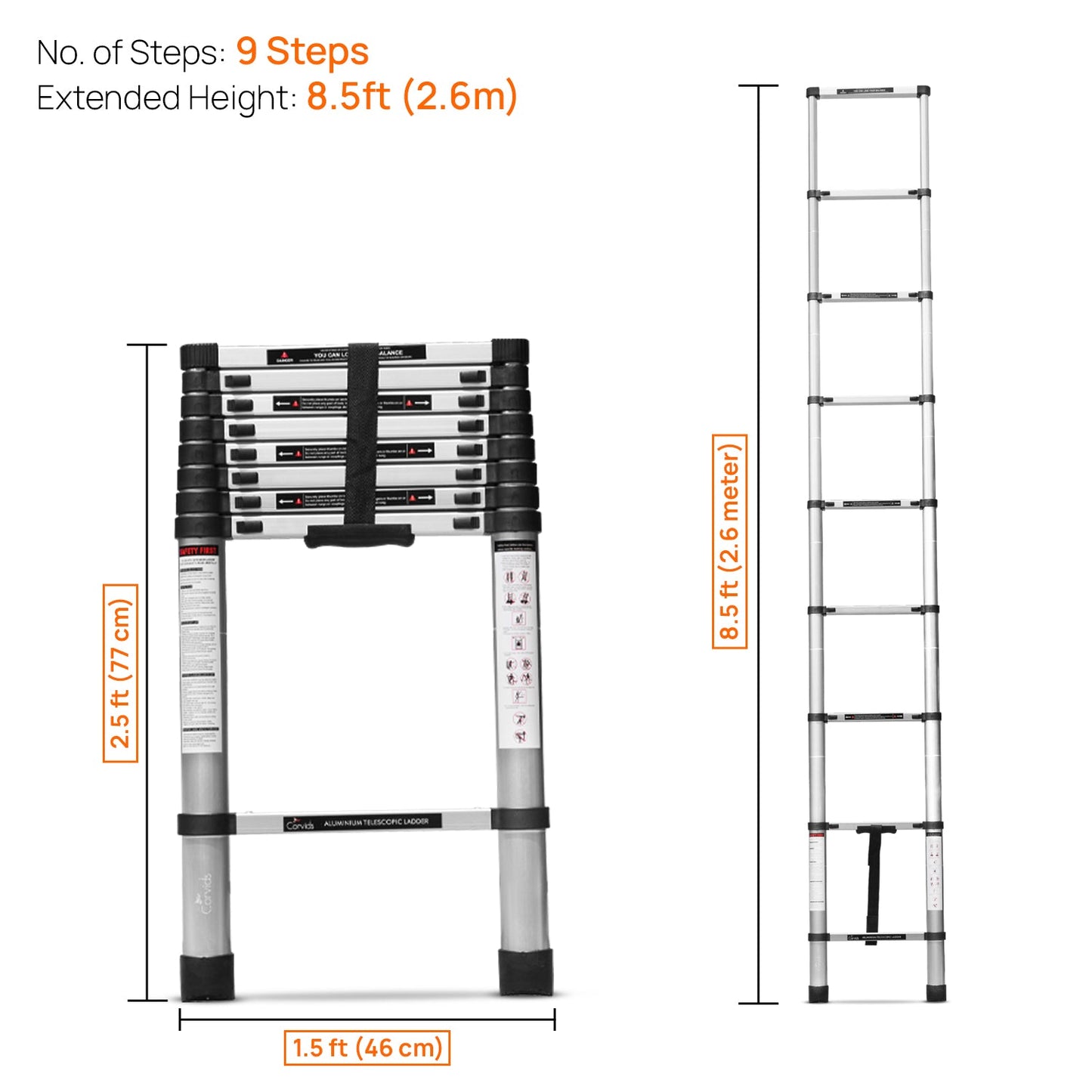 2.6m (8.5 feet) Portable & Compact Aluminum Telescopic Ladder
