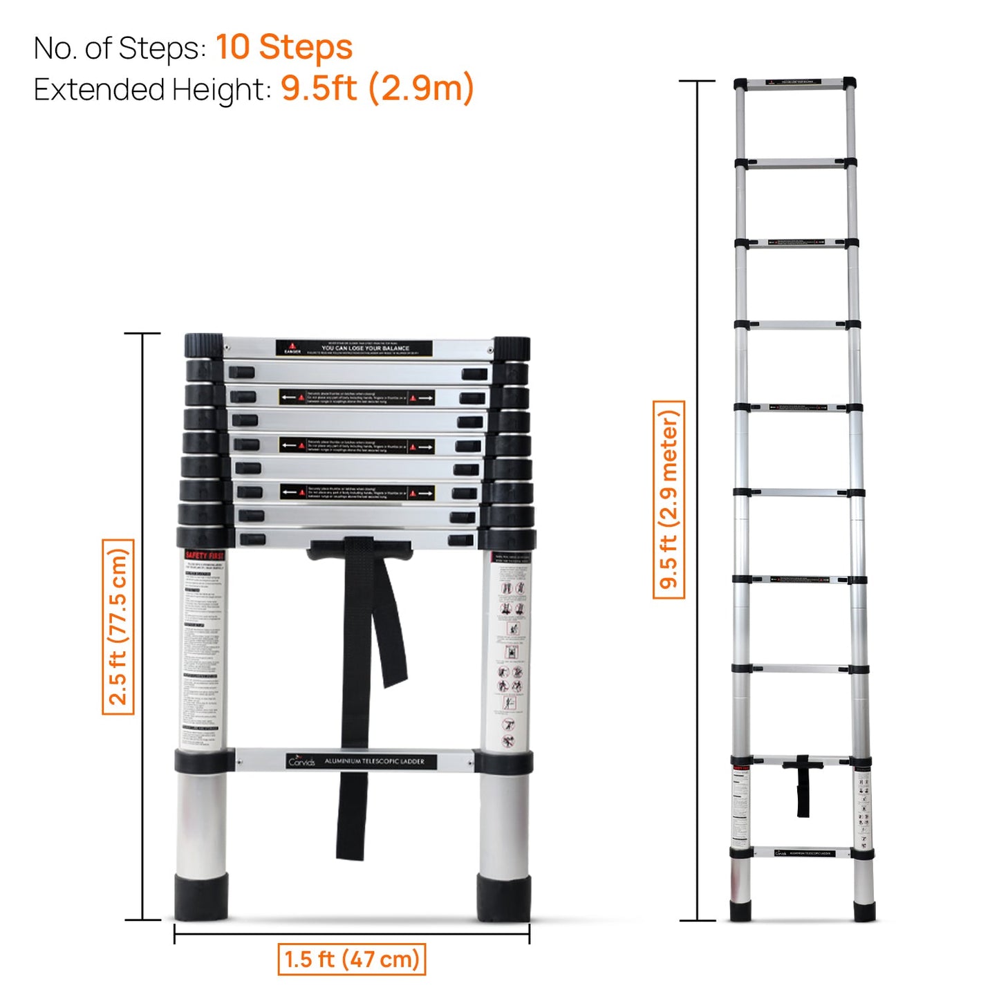 2.9m (9.5 feet) Portable & Compact Aluminium Telescopic Ladder