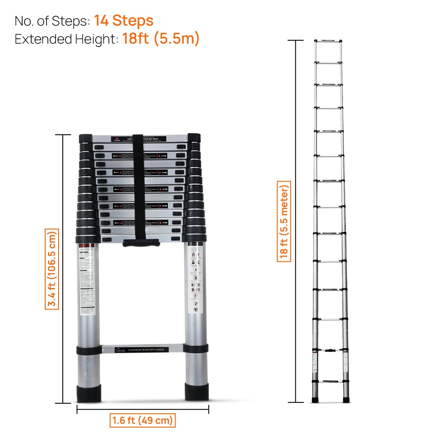 5.5m (18 ft) Portable & Compact Aluminum Telescopic Ladder