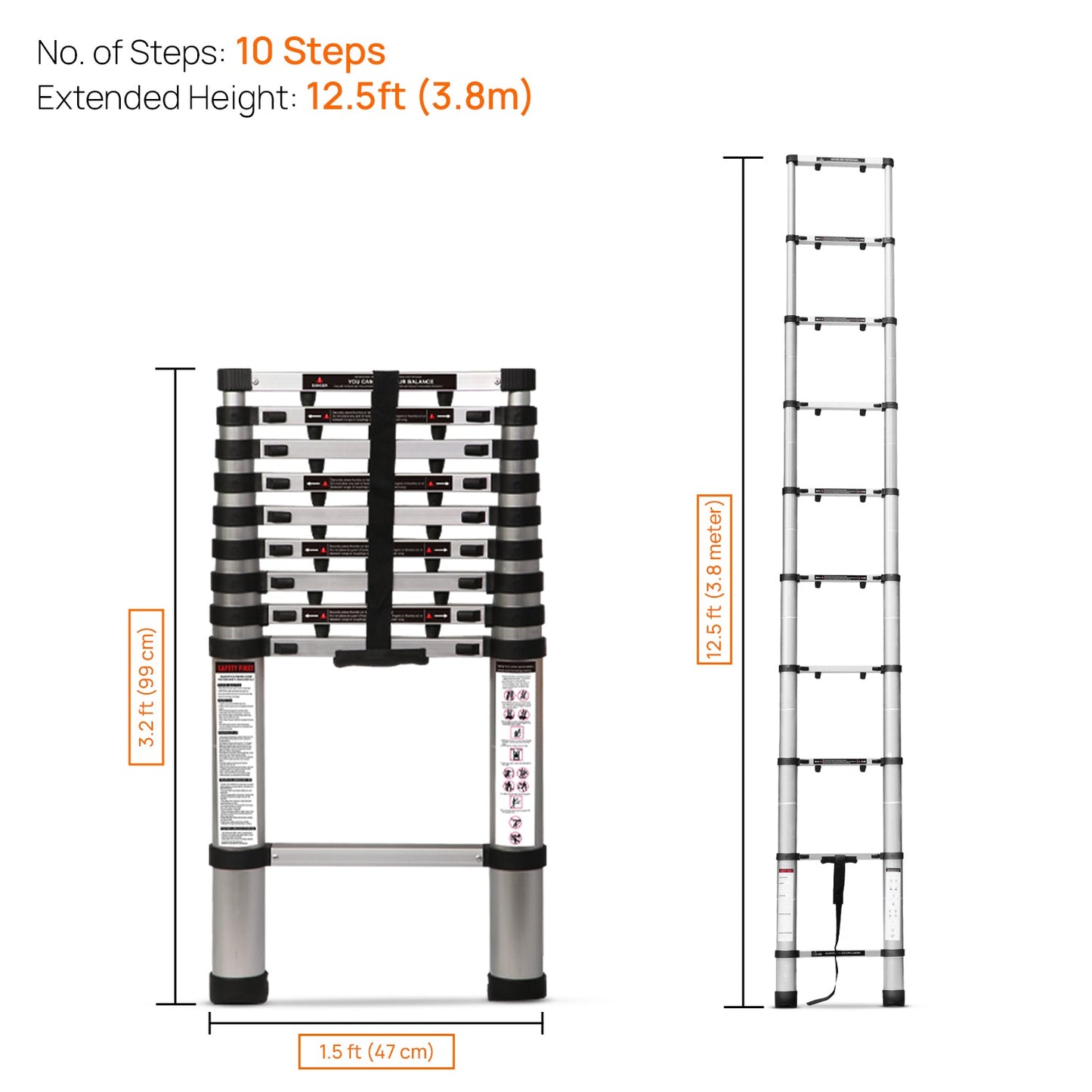 3.8m (12.5 ft) Portable & Compact Finger Protect Aluminium Telescopic Ladder