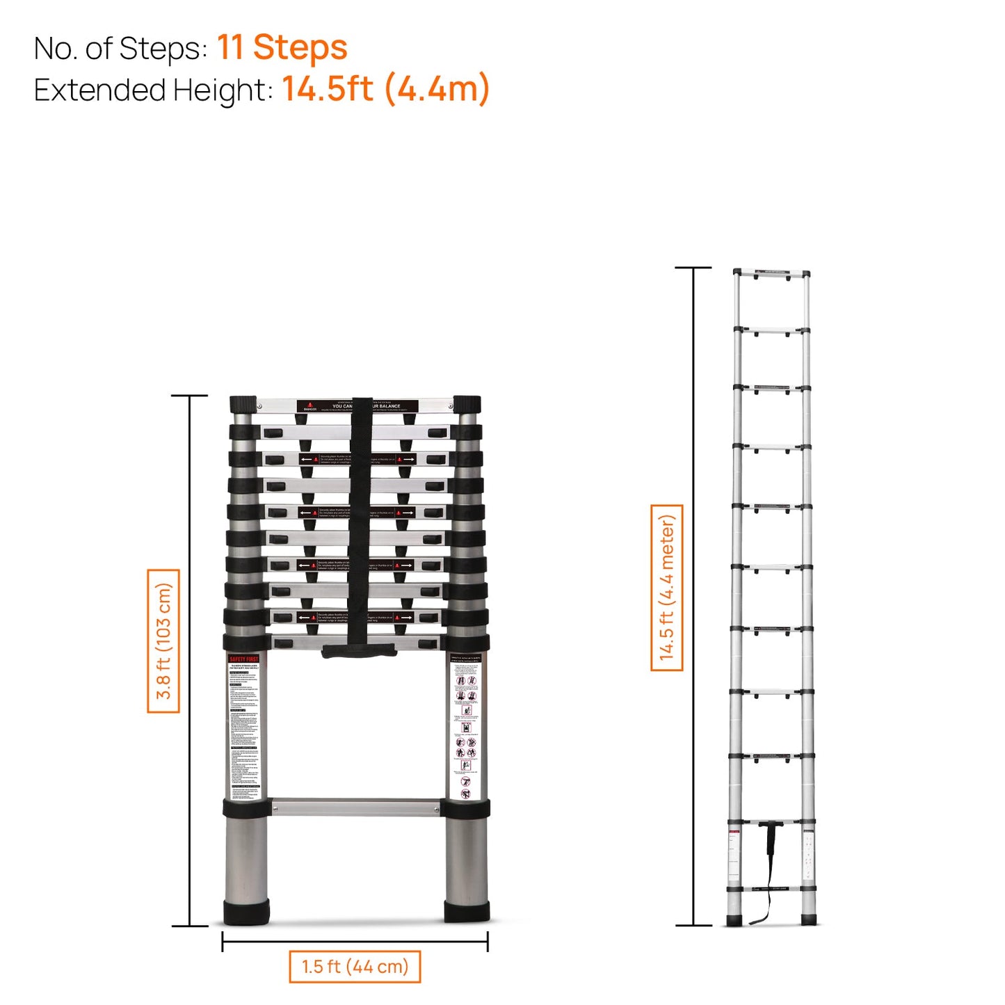 4.4m (14.5 ft) Portable & Compact Finger Protect Aluminium Telescopic Ladder