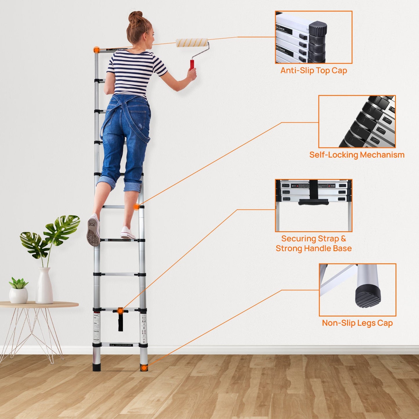 4.4m (14.5 ft) Portable & Compact Finger Protect Aluminium Telescopic Ladder