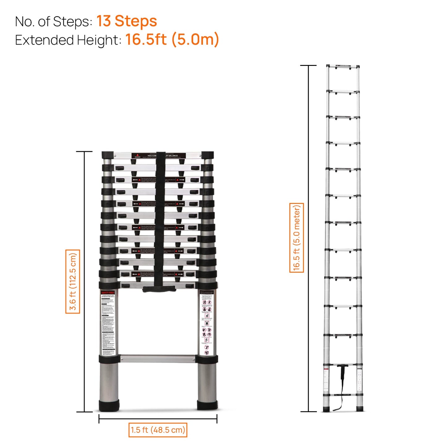 5.0m (16.5 ft) Portable & Compact Finger Protect Aluminium Telescopic Ladder