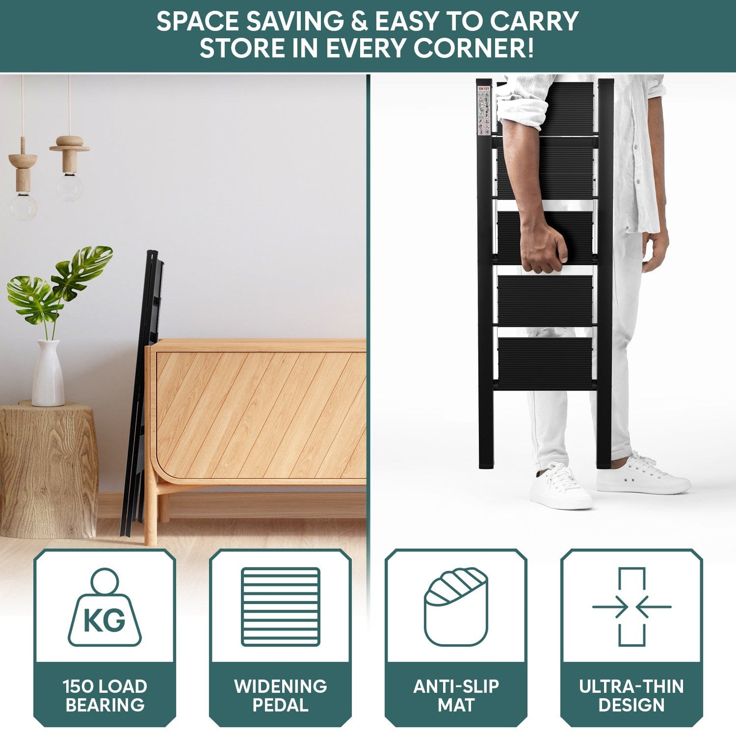 5-Steps Premium Folding Step Stool with 2-Year Warranty (Black)