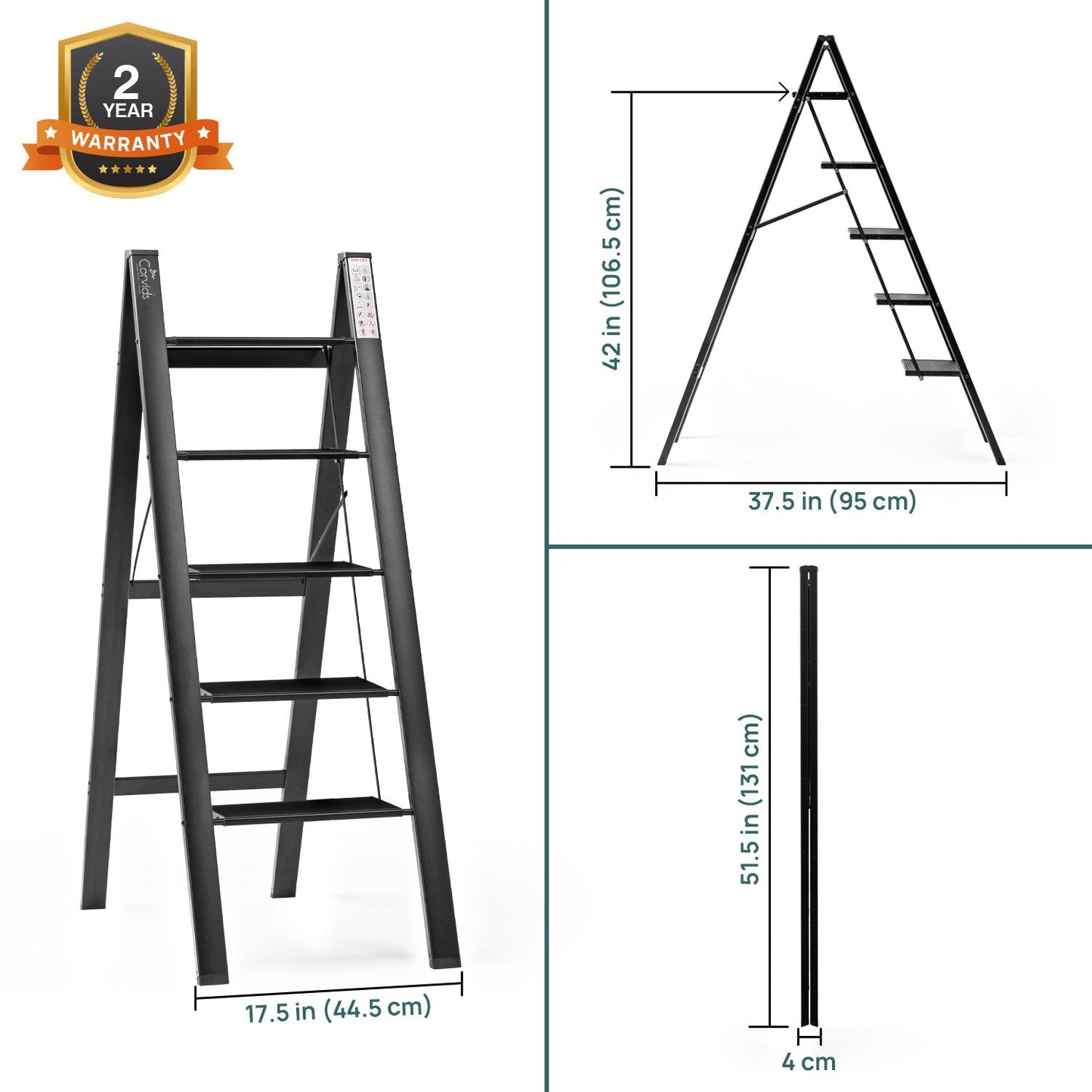5-Steps Premium Folding Step Stool with 2-Year Warranty (Black)