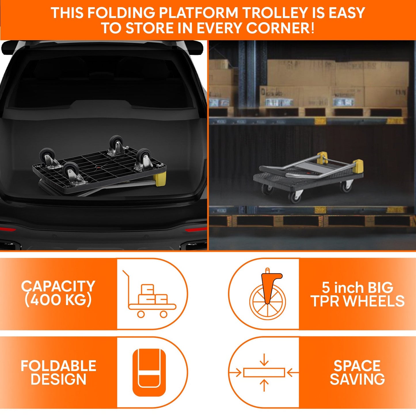 400 Kg Portable Plastic Folding Hand Platform Trolley with 2-Year Warranty