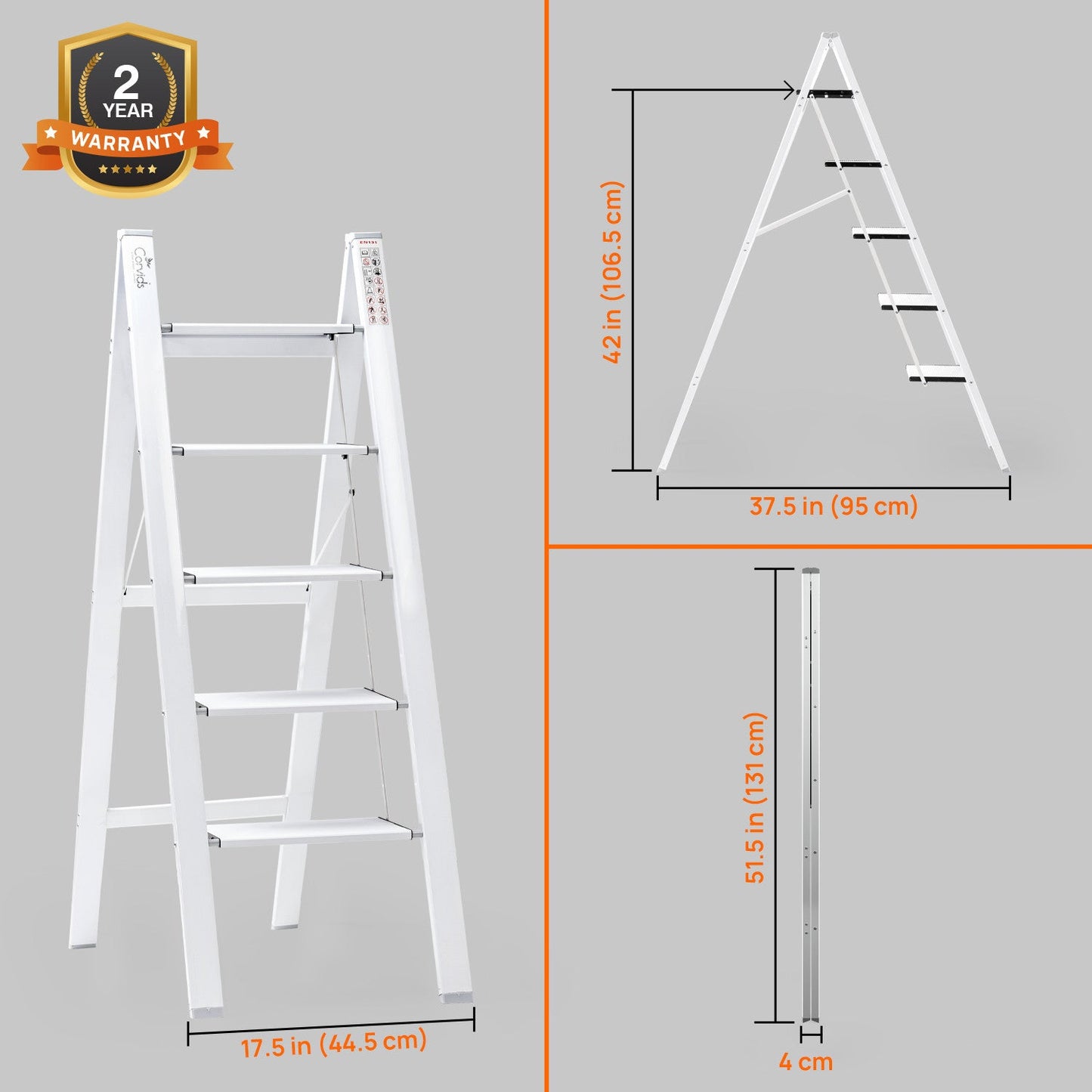 5-Steps Premium Folding Step Stool with 2-Year Warranty (White)