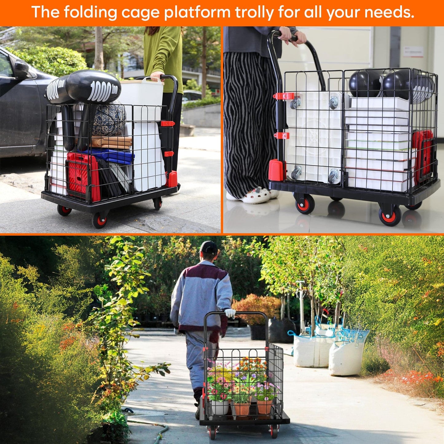 150 Kg Portable & Collapsible Plastic Platform Trolley with Basket Cage