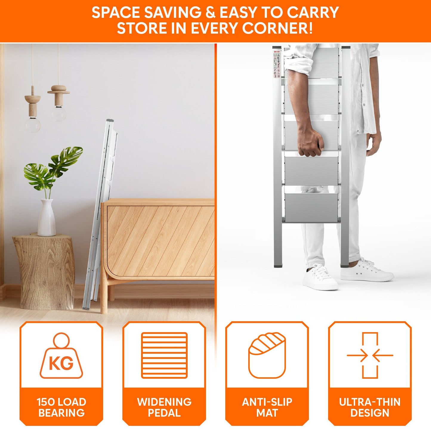5-Steps Premium Folding Step Stool with 2-Year Warranty (White)