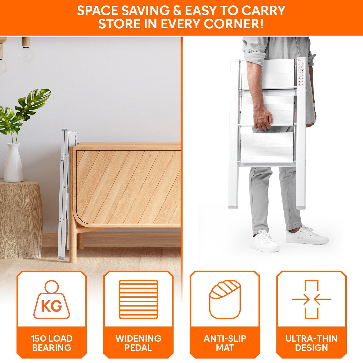 3-Steps Premium Folding Step Stool with 2-Year Warranty (White)