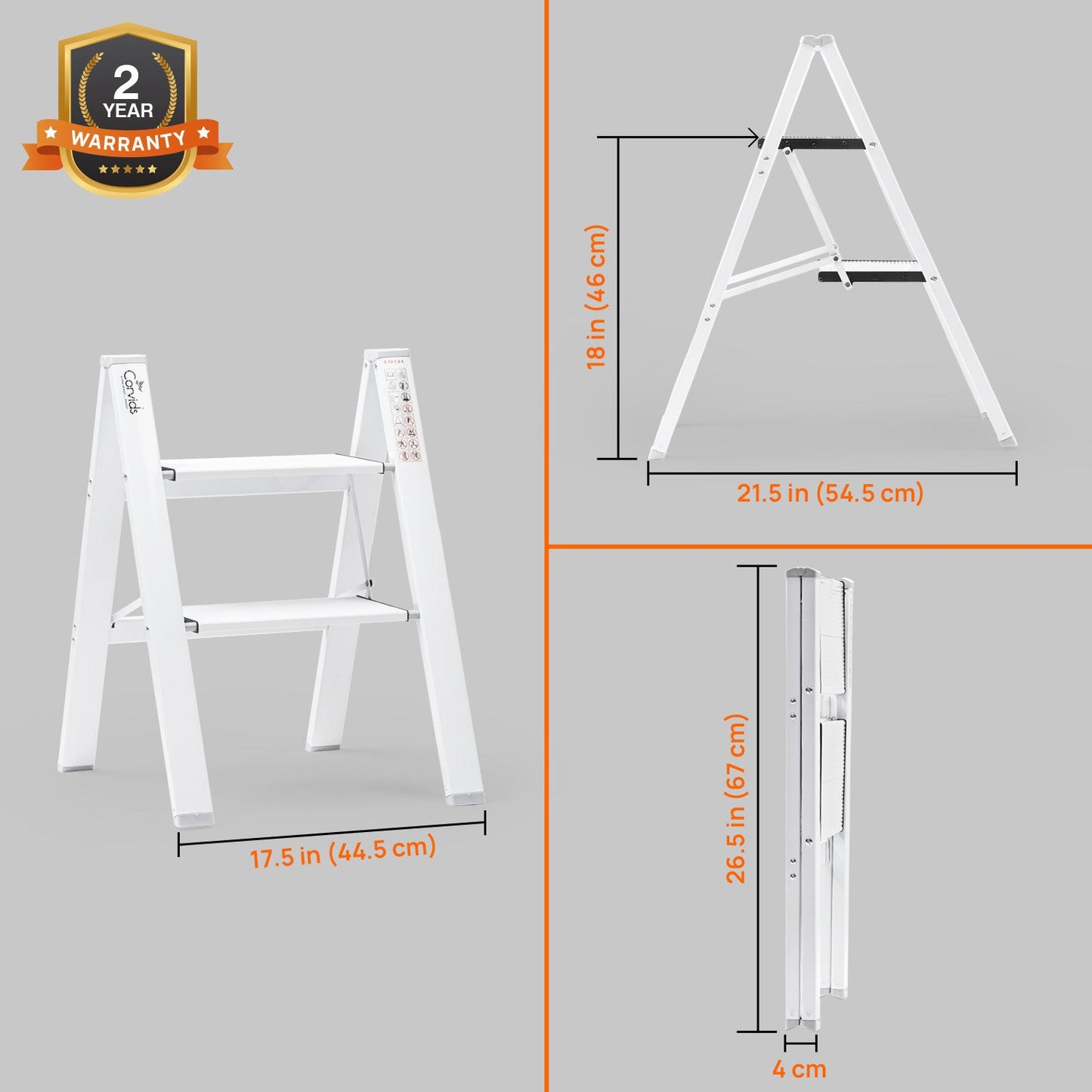 2-Steps Premium Folding Step Stool with 2-Year Warranty (White)