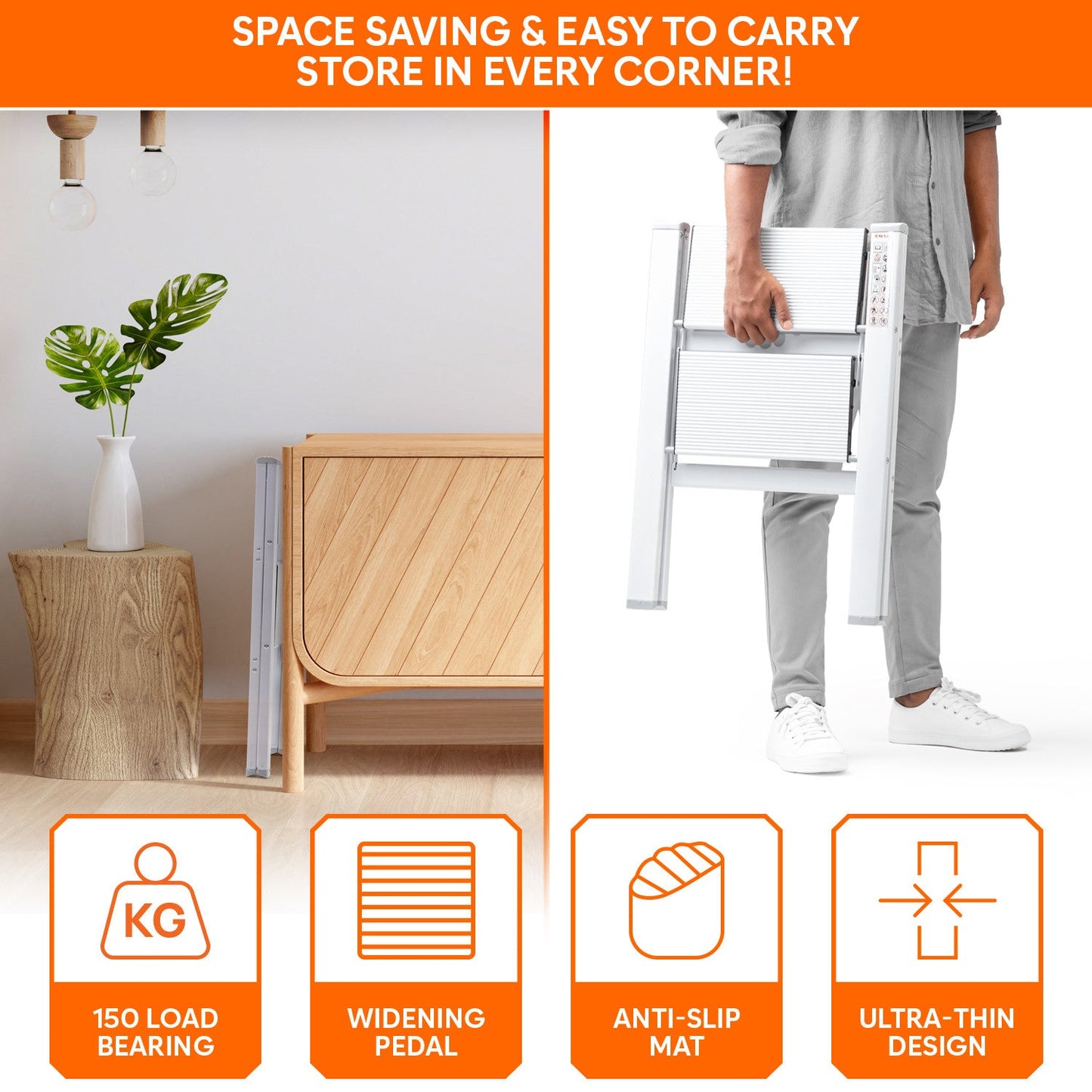 2-Steps Premium Folding Step Stool with 2-Year Warranty (White)