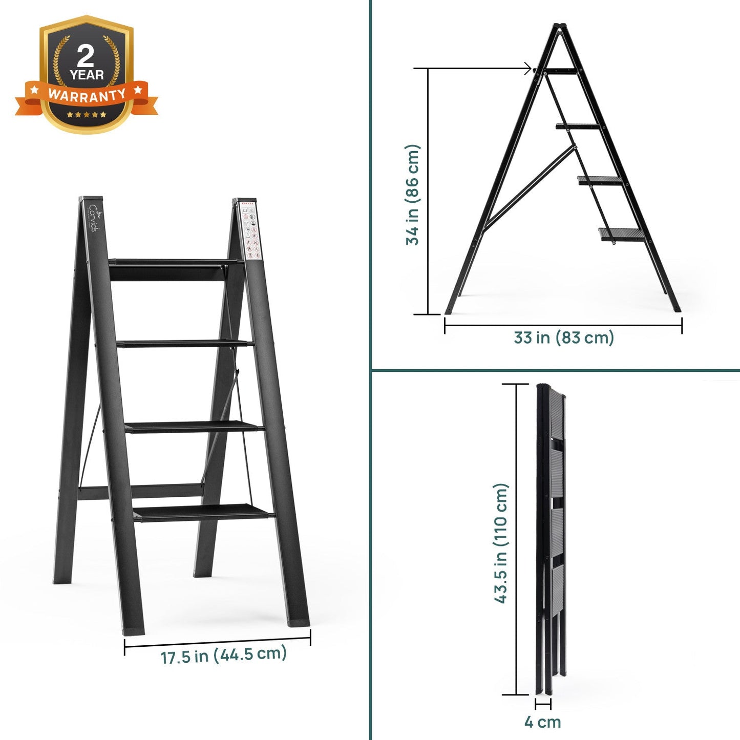 4-Steps Premium Folding Step Stool with 2-Year Warranty (Black)