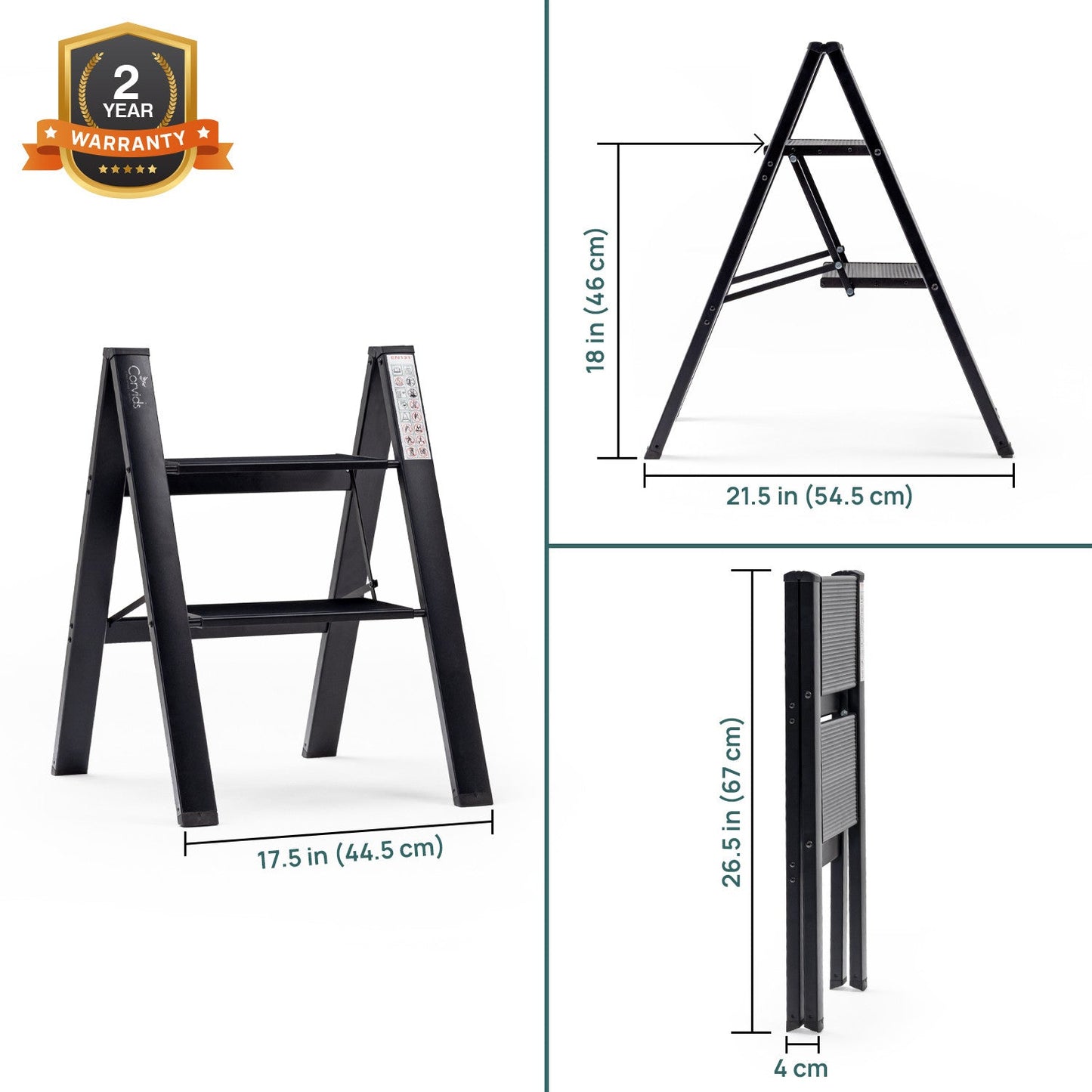 2-Steps Premium Folding Step Stool with 2-Year Warranty (Black)