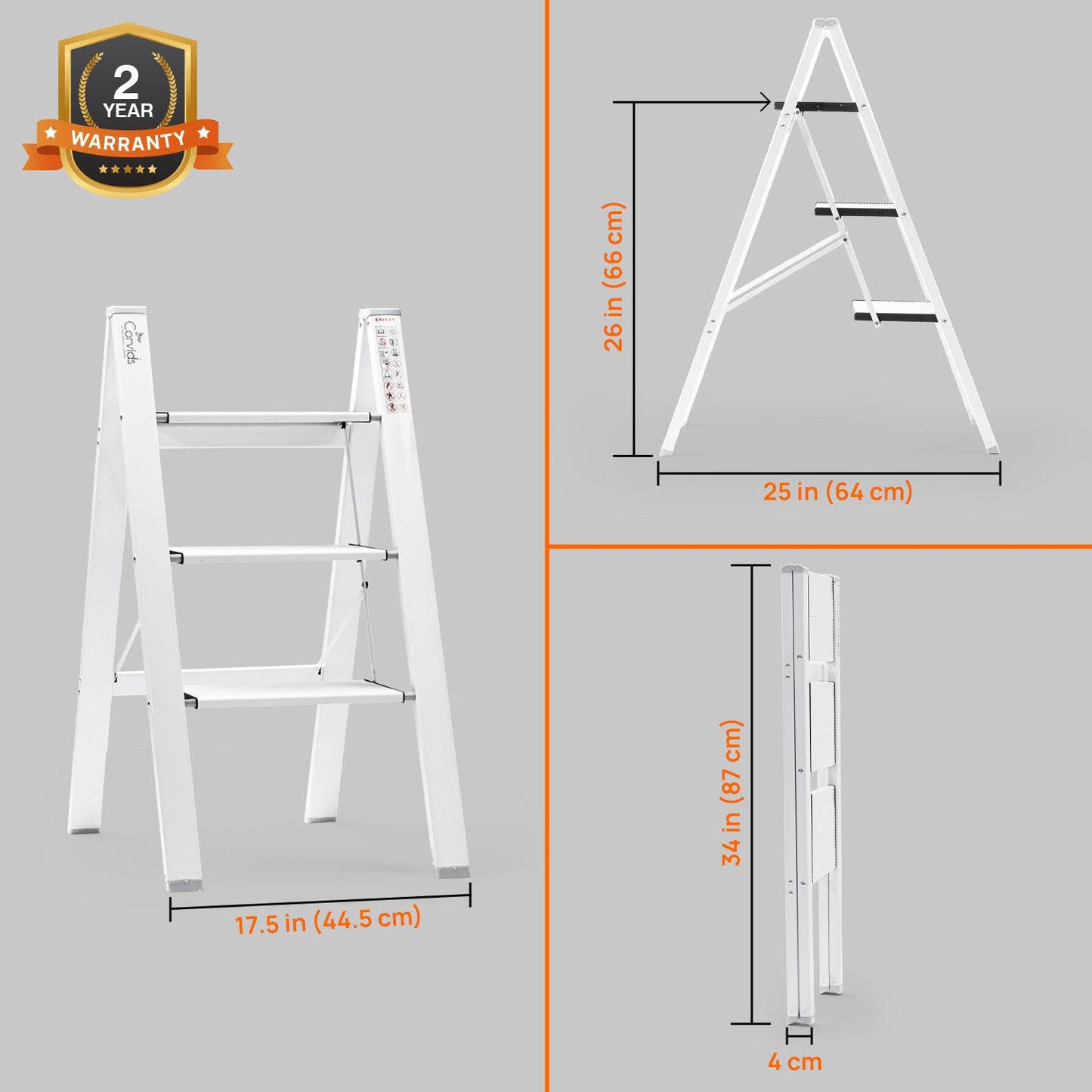 3-Steps Premium Folding Step Stool with 2-Year Warranty (White)