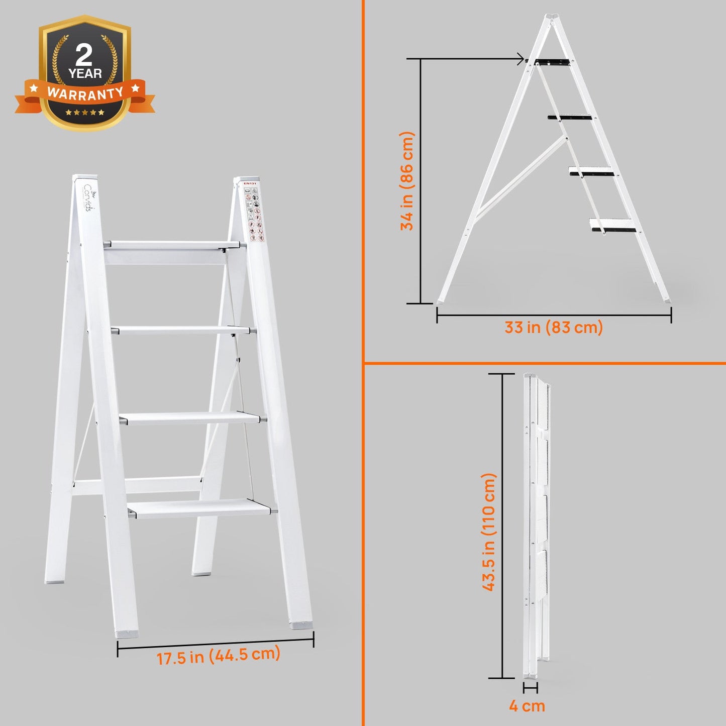 4-Steps Premium Folding Step Stool with 2-Year Warranty (White)