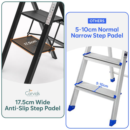 3-Steps Premium Folding Step Stool with 2-Year Warranty (Black)