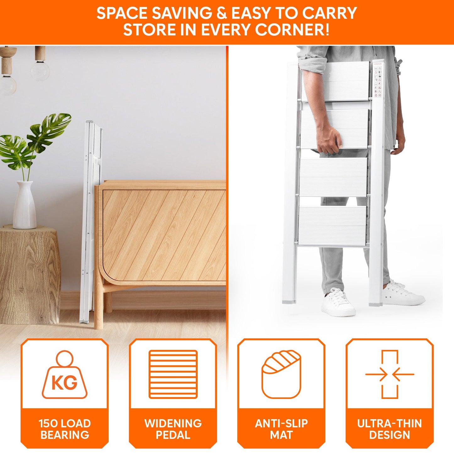 4-Steps Premium Folding Step Stool with 2-Year Warranty (White)