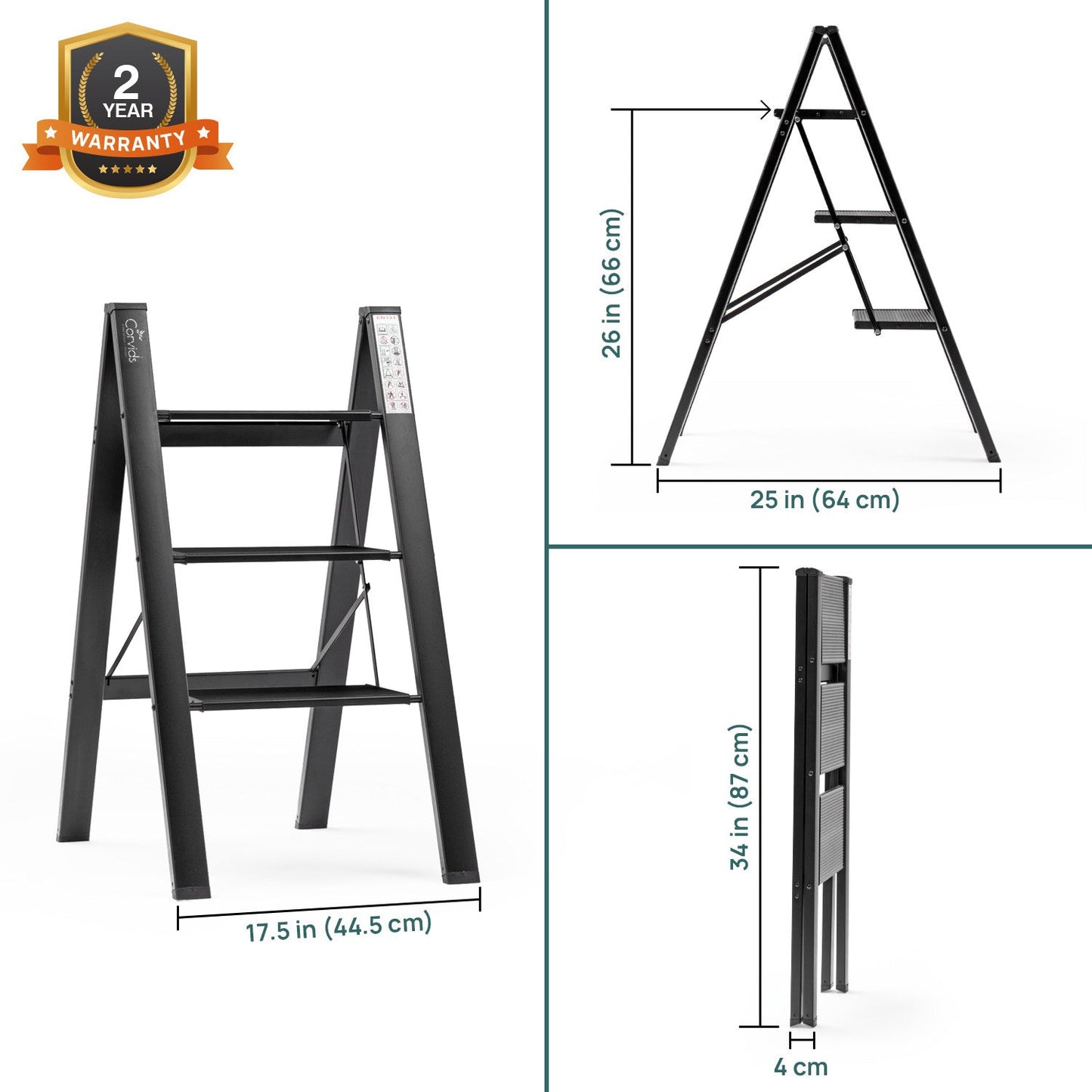 3-Steps Premium Folding Step Stool with 2-Year Warranty (Black)
