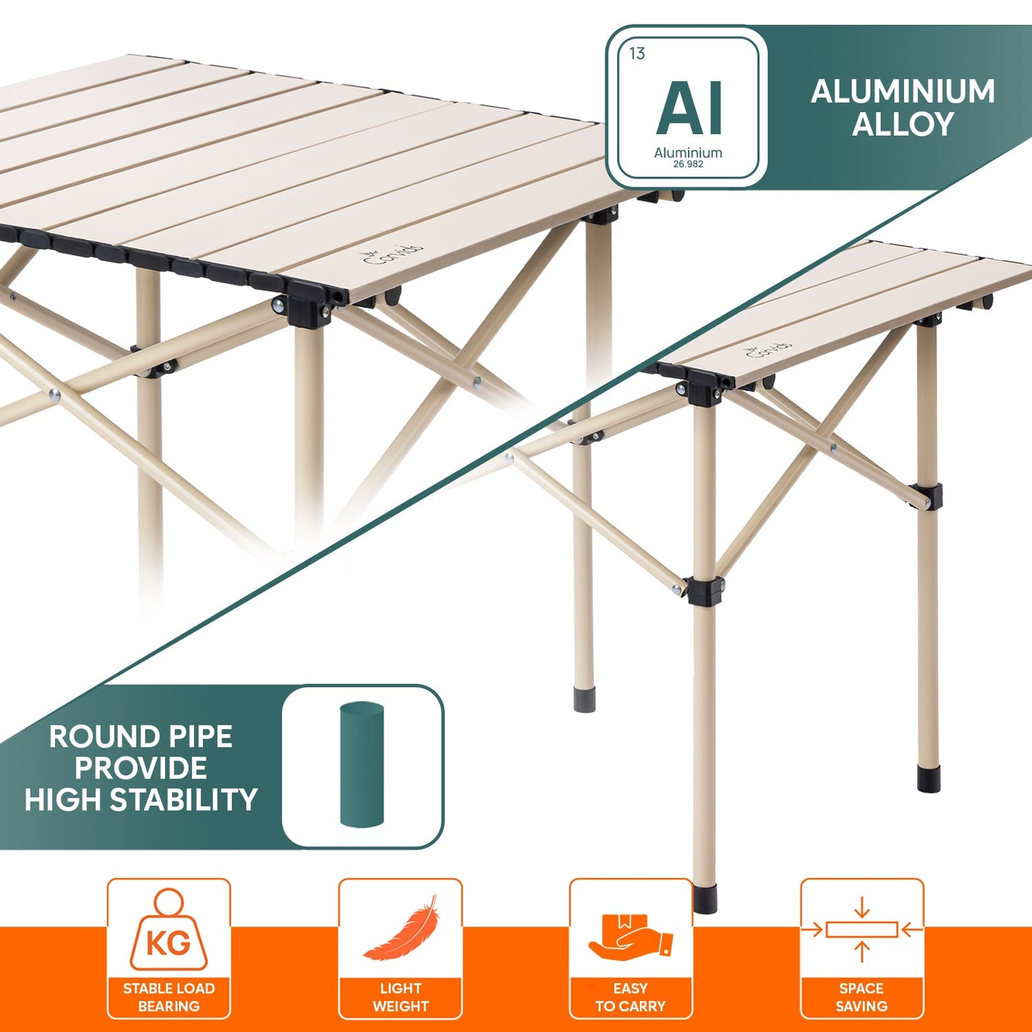 Multipurpose Folding Camping Table with Roll-up Tabletop | Compact & Portable | Best for Hiking, Picnic, Garden, BBQ & Outdoor Use (Khaki, Medium)