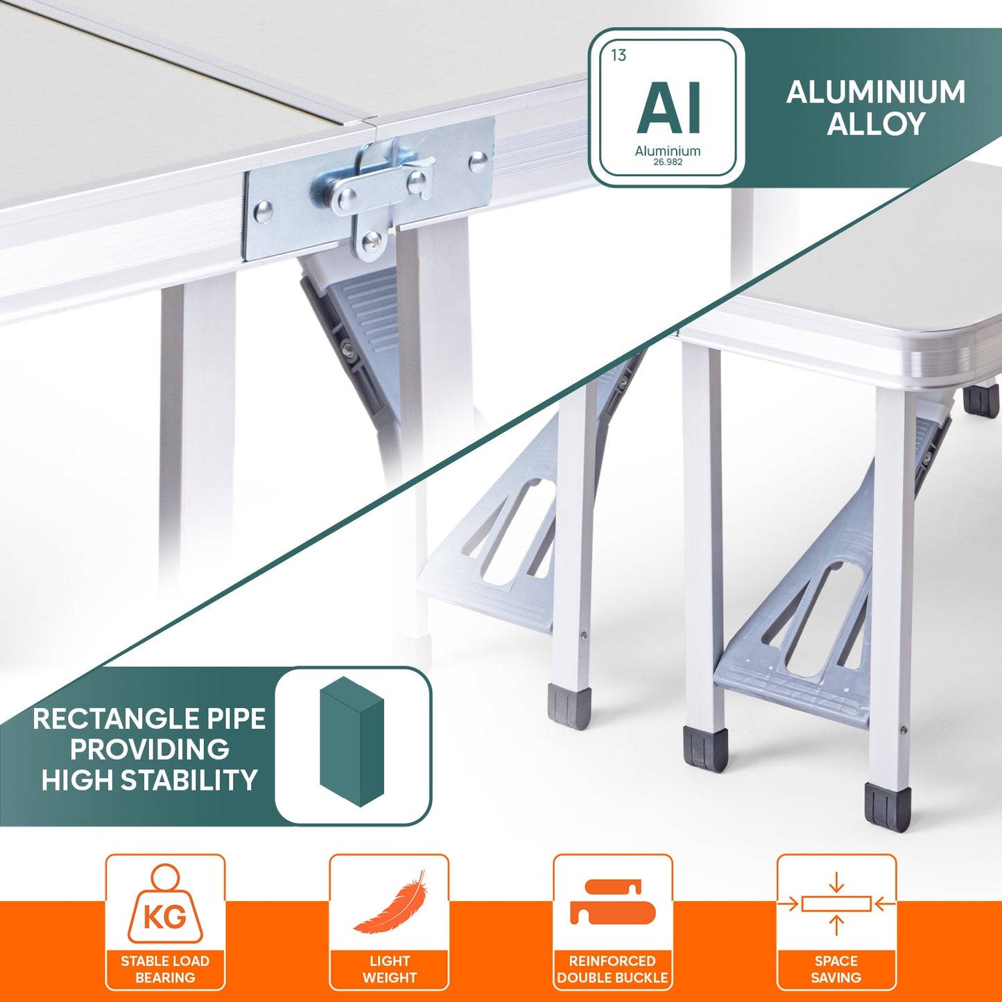 Folding All-in-One Aluminium Table & Chair Combo | Compact & Foldable Set for Camping, Picnic, Garden, Outdoor & Indoor Use (White)