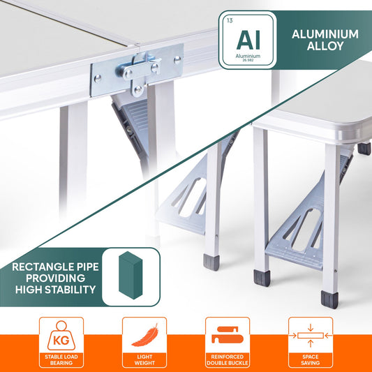 Folding All-in-One Aluminium Table & Chair Combo | Compact & Foldable Set for Camping, Picnic, Garden, Outdoor & Indoor Use (White)