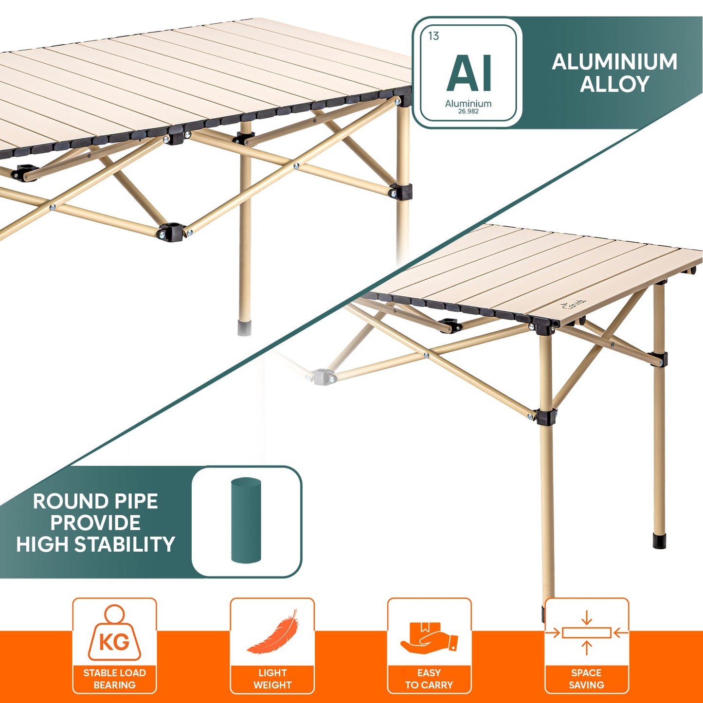Multipurpose Folding Camping Table with Roll-up Tabletop | Compact & Portable | Best for Hiking, Picnic, Garden, BBQ & Outdoor Use (Khaki, Large)