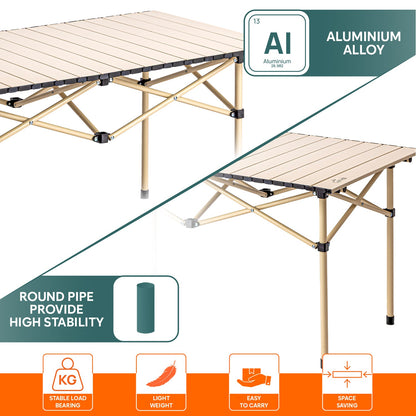 Multipurpose Folding Camping Table with Roll-up Tabletop | Compact & Portable | Best for Hiking, Picnic, Garden, BBQ & Outdoor Use (Khaki, Large)