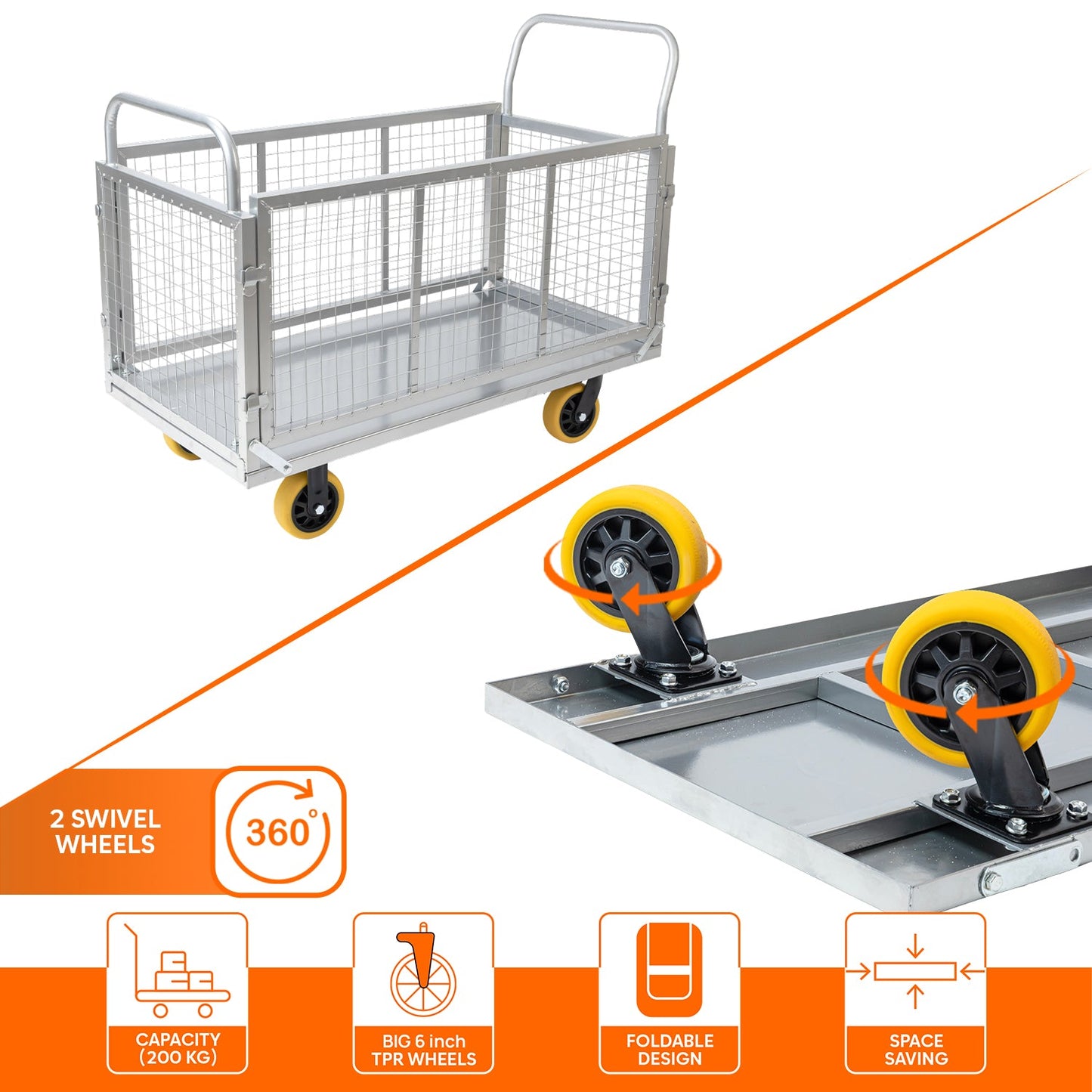 Metal Hand Platform Trolley/Truck with Cage | 2-Year Warranty | Portable & Compact Industrial Dolly Cart with 360° Rotating Wheels for Home, Office & Warehouse Use