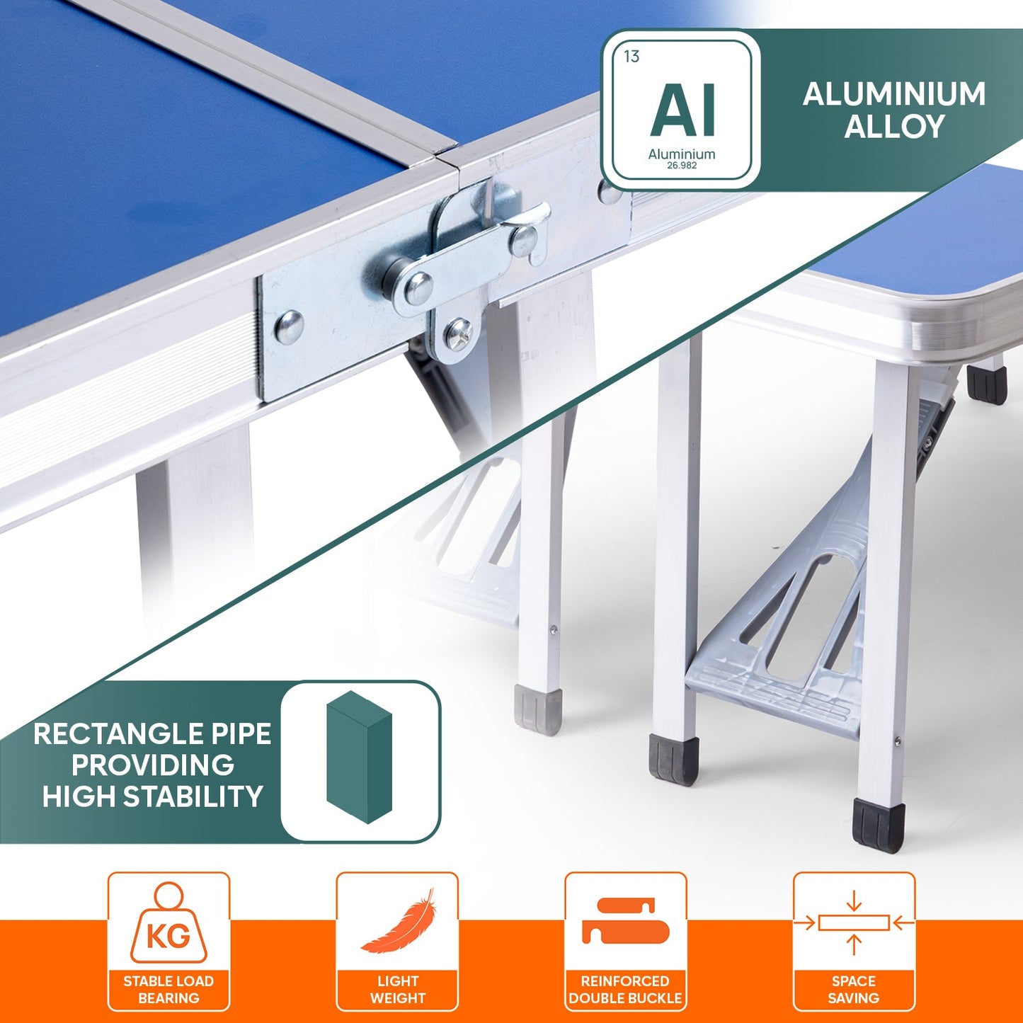 Folding All-in-One Aluminium Table & Chair Combo | Compact & Foldable Set for Camping, Picnic, Garden, Outdoor & Indoor Use (Blue)