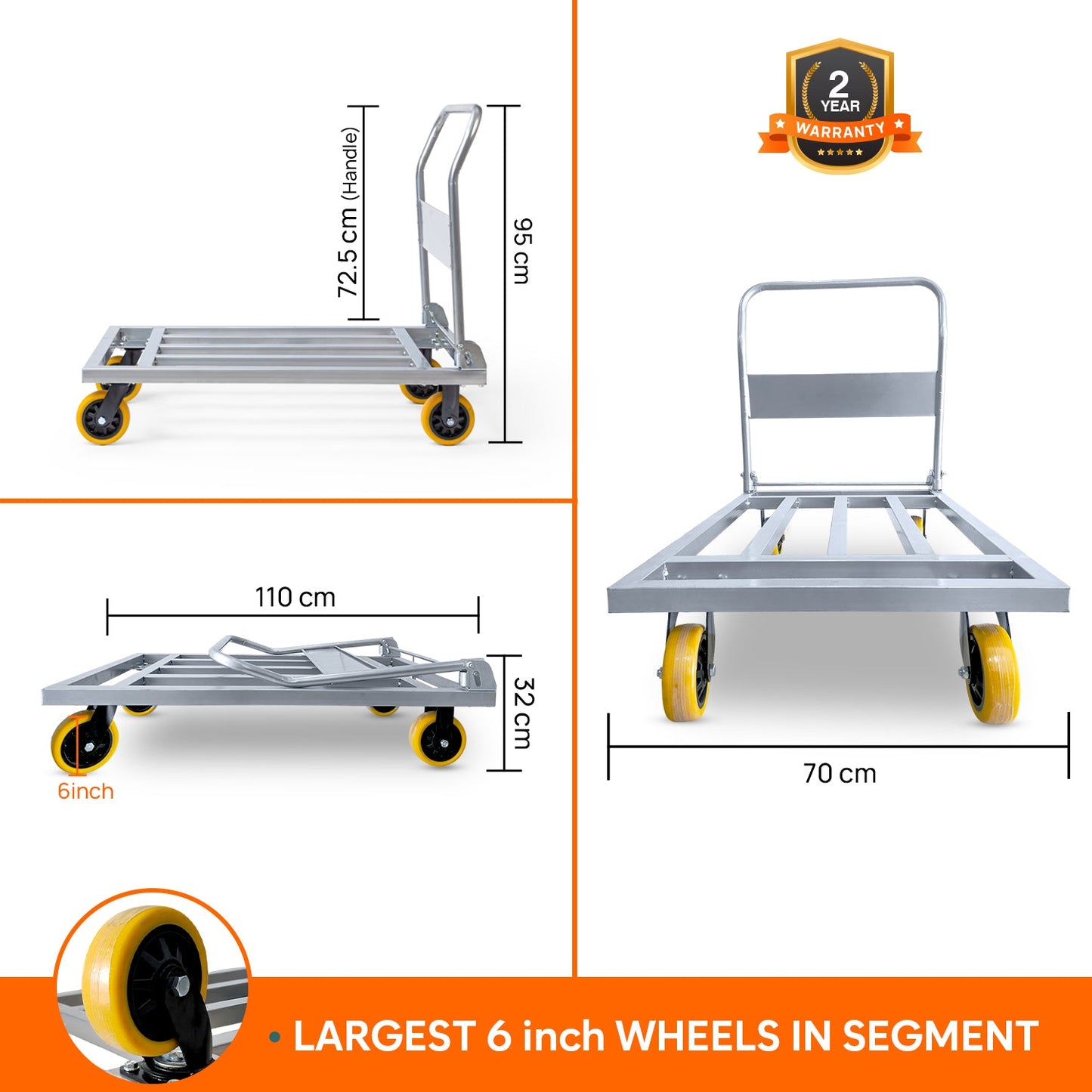 Foldable Platform Cart With Steel Body | 300Kg Load Capacity | 2-Year Warranty | Portable & Compact Industrial Trolly Cart with 360° Rotating Wheels for Home & Warehouse