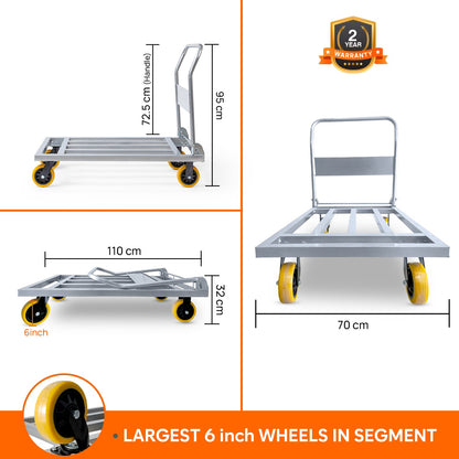 Foldable Platform Cart With Steel Body | 300Kg Load Capacity | 2-Year Warranty | Portable & Compact Industrial Trolly Cart with 360° Rotating Wheels for Home & Warehouse