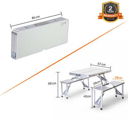 Folding All-in-One Aluminium Table & Chair Combo | Compact & Foldable Set for Camping, Picnic, Garden, Outdoor & Indoor Use (White)