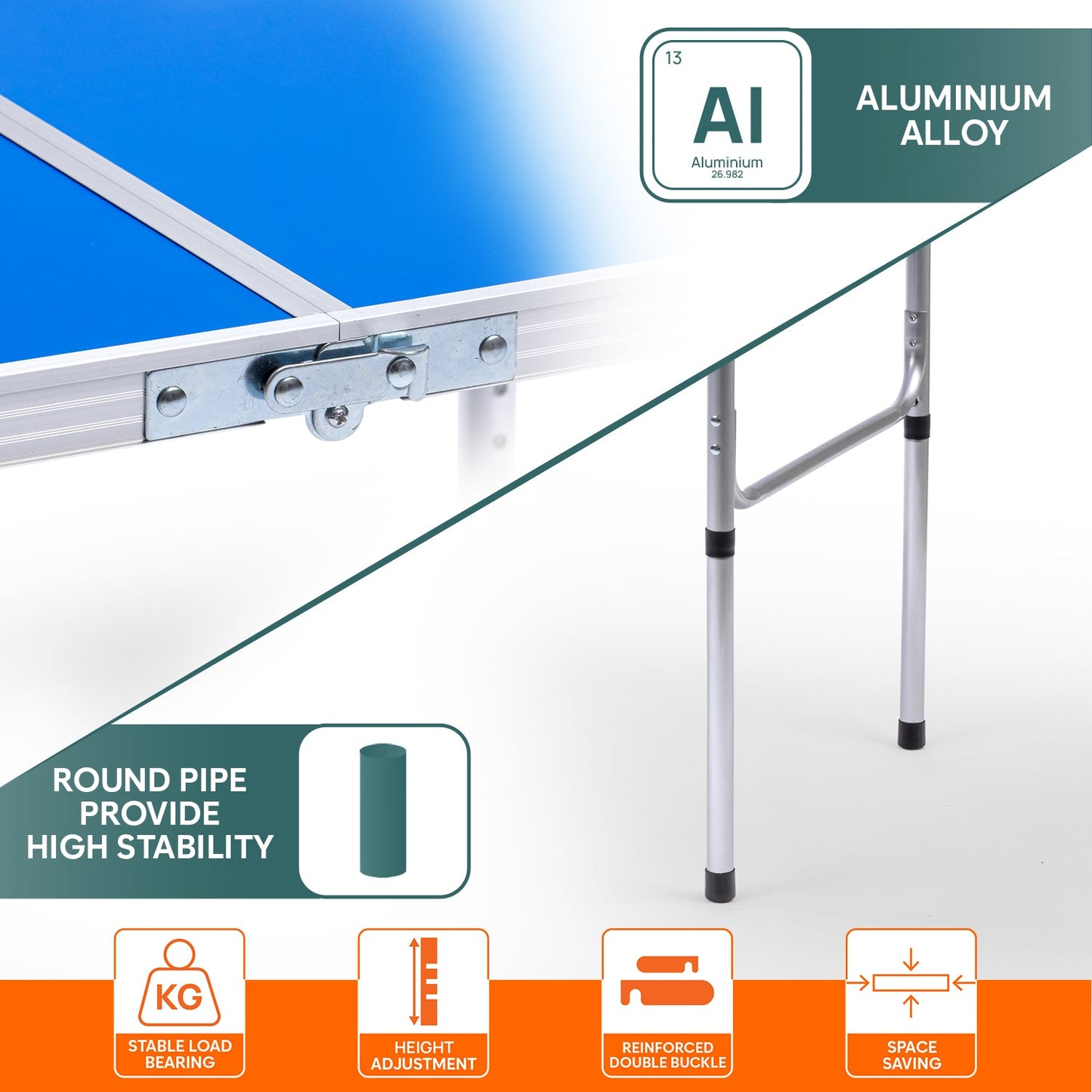 3 Feet Multipurpose Aluminium Folding Camping Table with Round Pipe Legs | Best for Balcony, Garden, Hiking, Picnic, Outdoor & Indoor Use (Blue)