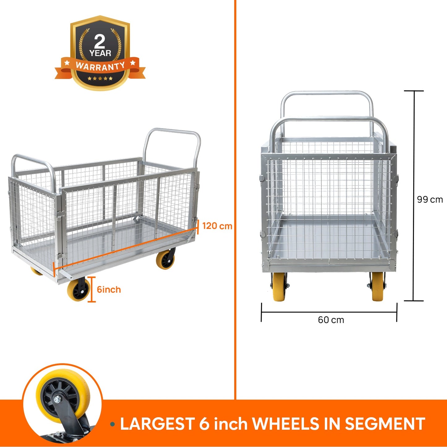 Metal Hand Platform Trolley/Truck with Cage | 2-Year Warranty | Portable & Compact Industrial Dolly Cart with 360° Rotating Wheels for Home, Office & Warehouse Use